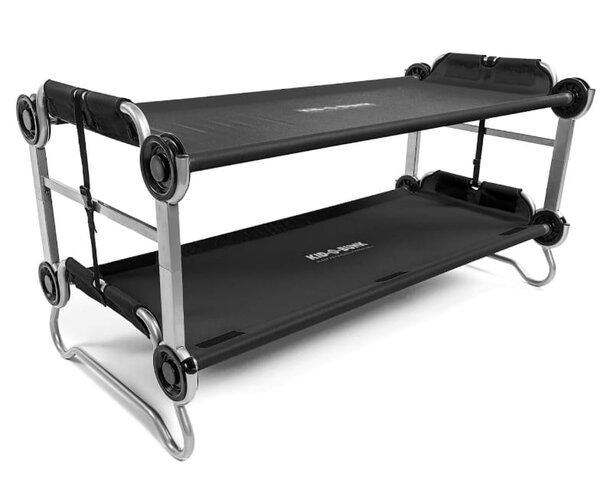 A black and silver metal bunk bed featuring two shelves for storage or display.