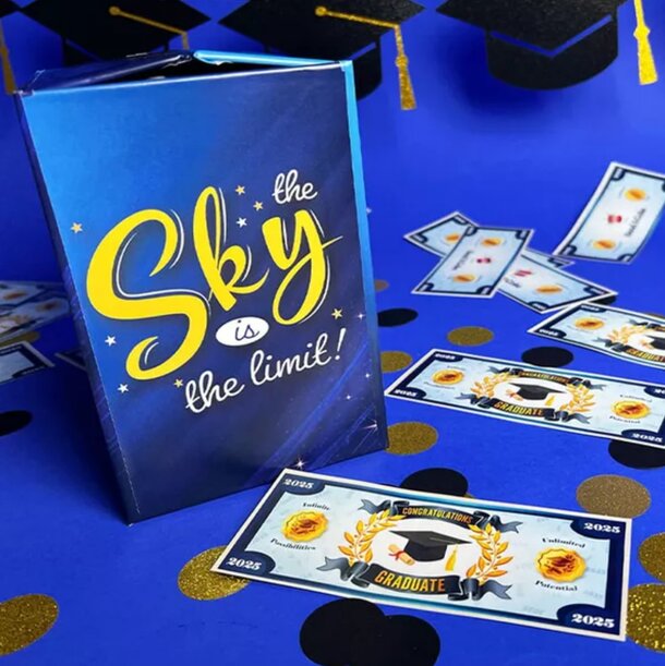 A colorful board game titled "The Sky is the Limit," featuring clouds and airplanes, symbolizing limitless possibilities.