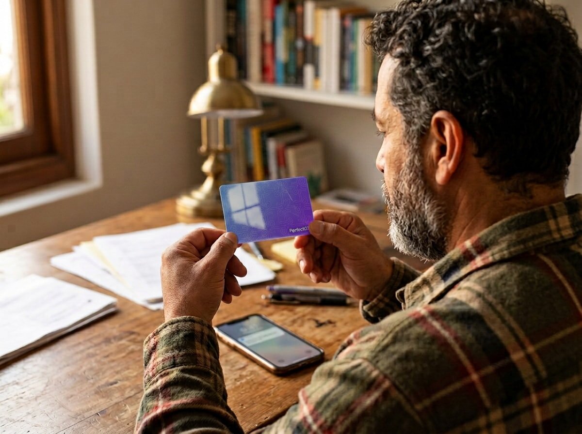 A man at his home office desk looking at a PerfectGift gift card he received