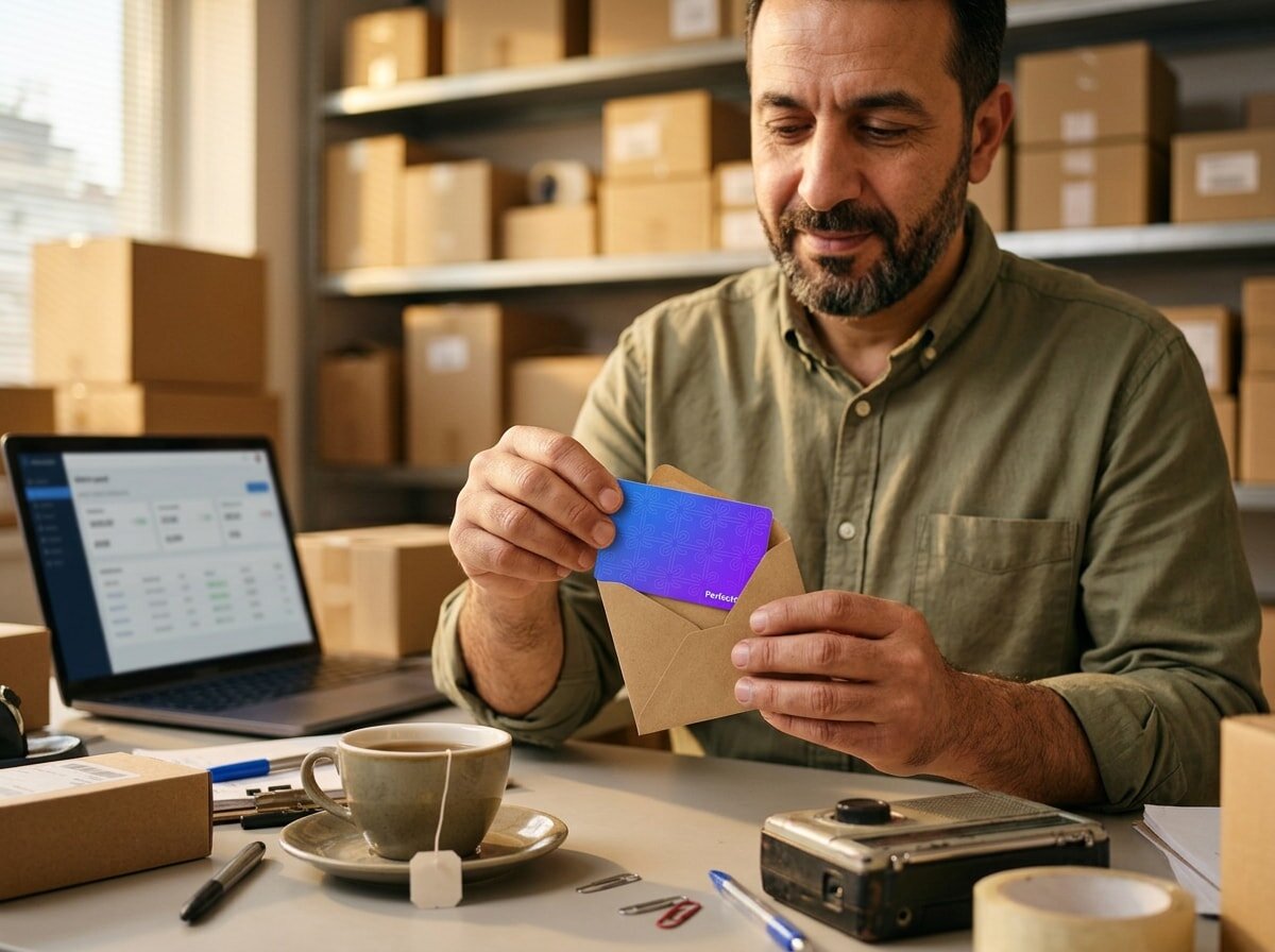 A small business owner at a back-office desk placing a PerfectGift gift card into an envelope