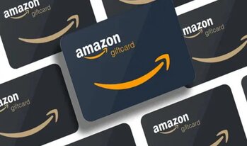 Amazon gift card featuring a colorful design with the Amazon logo and a value amount displayed prominently.