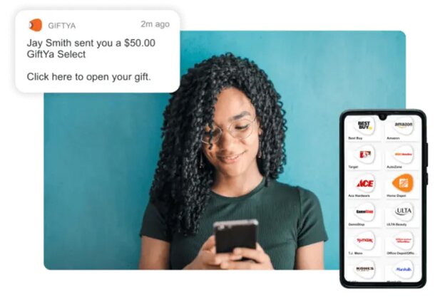 A woman holds a phone in one hand and a gift card in the other, smiling as she engages with the app.
