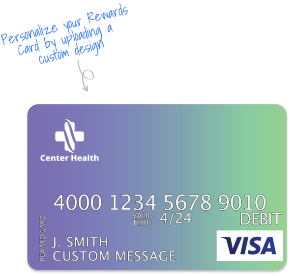A stylized graphic of a Visa debit card with customizable design options.