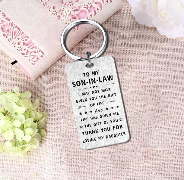 Keychain engraved with the phrase "To my son-in-law," symbolizing love and appreciation for a cherished family member.
