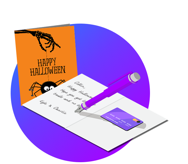 Two customized greeting cards. One opened with text and a gift card inside. 