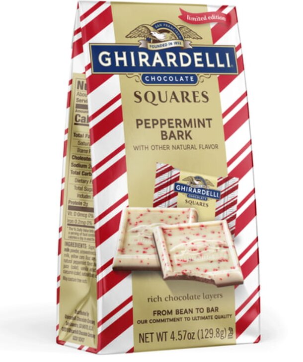 Ghirardelli peppermint bark squares arranged in a festive display, showcasing their chocolate and peppermint layers.