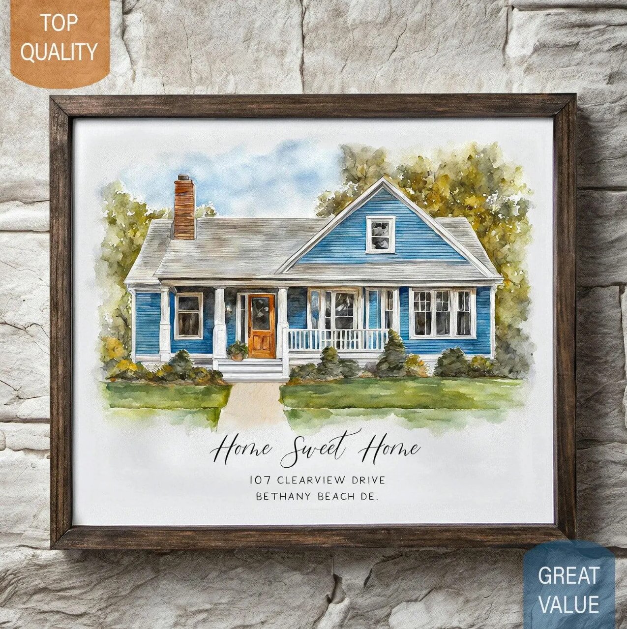 Custom watercolor print featuring a home address, showcasing artistic lettering and vibrant colors.