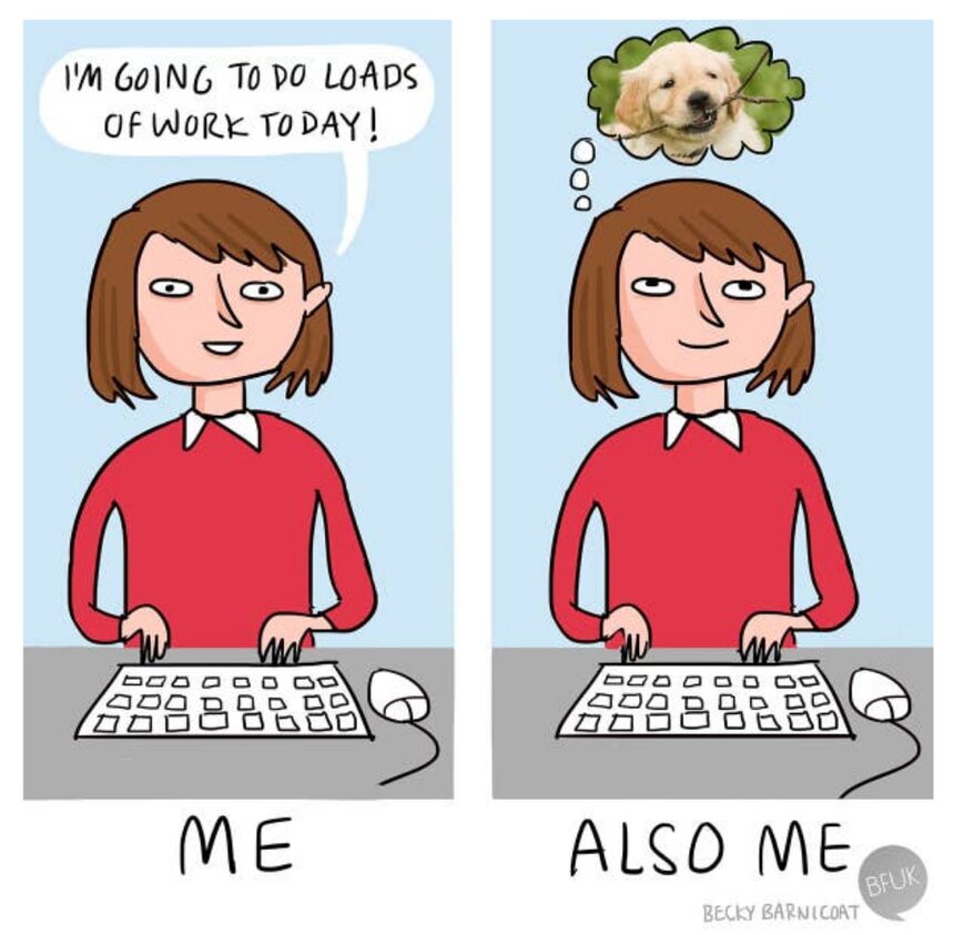 Cartoon comic depicting a woman focused on typing at her computer, surrounded by colorful speech bubbles and playful elements.  