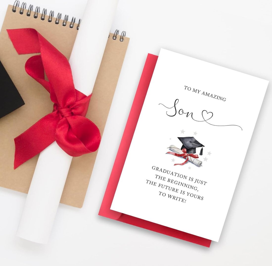 Graduation card featuring a red ribbon and a graduation cap, symbolizing achievement and celebration of academic success.
