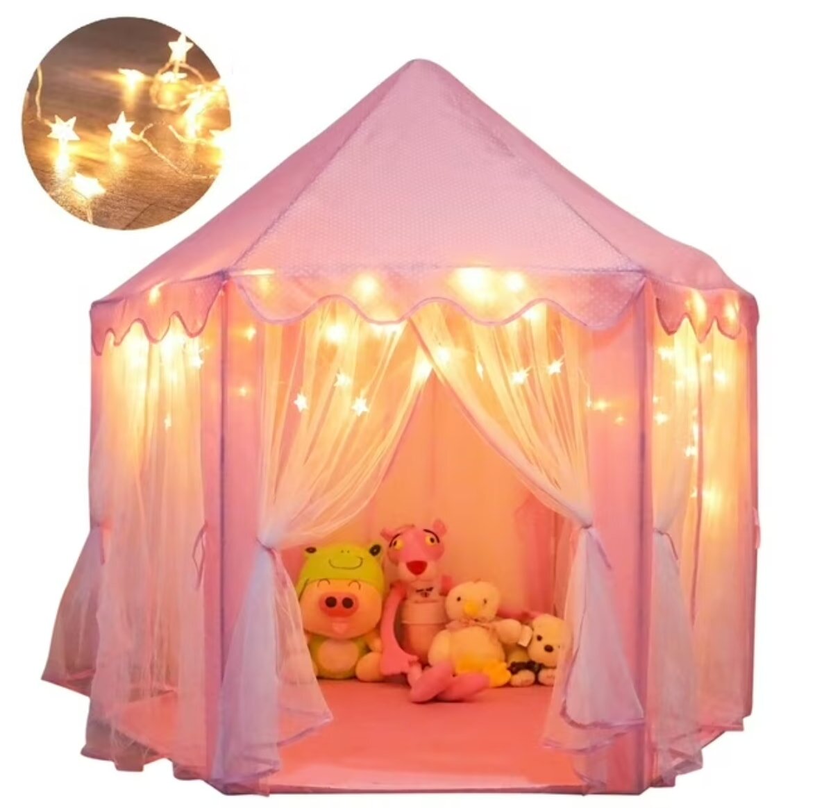 A pink tent adorned with string lights and a plush stuffed animal inside, creating a cozy atmosphere.