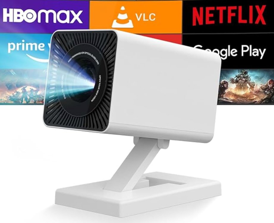 A sleek white projector emits light, projecting under logos of HBOMax, VLC, Netflix, Prime Video, and Google Play, suggesting diverse streaming options.
