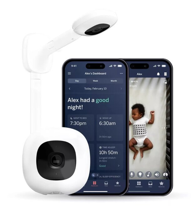 A baby monitor displaying a connection status with a smartphone, indicating active monitoring of the baby.