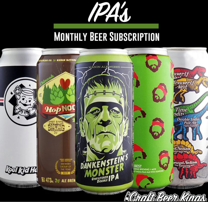 Five colorful IPA beer cans are lined up against a black background, featuring creative labels like a Frankenstein illustration, vibrant graphics, and bold fonts. The text above reads "IPA's Monthly Beer Subscription." The tone is fun and adventurous.