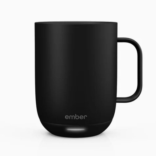 Sleek black smart mug with a smooth texture and a sturdy handle, branded "ember" at the base, on a white background, conveying a modern, minimalist style.