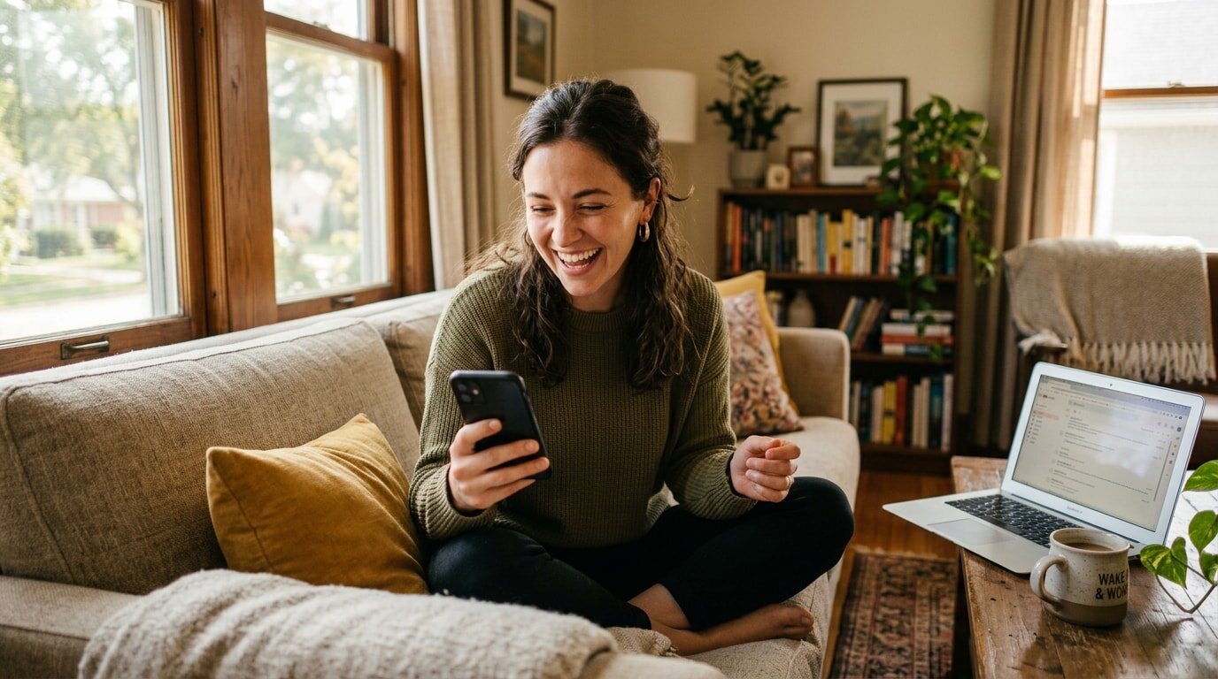 Smiling woman on a cozy sofa, using a smartphone, with a laptop and coffee nearby, enjoying a relaxed moment at home.