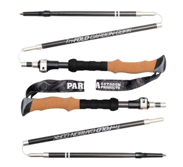 Black trekking poles arranged side by side, designed for stability and support during outdoor hiking activities.