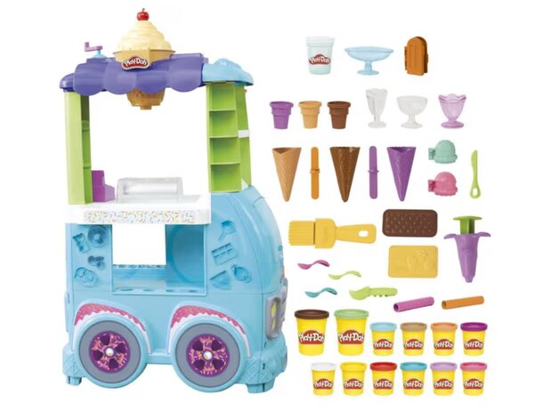 Colorful Play-Doh ice cream truck with various ice cream cones and toppings displayed on the side.
