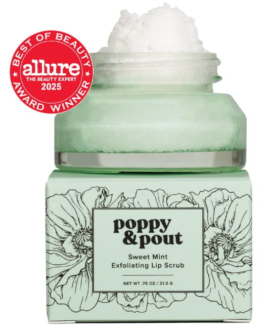 Poppy and point sweet mint exfoliating scrub in a clear jar with a mint green label, showcasing its refreshing texture.