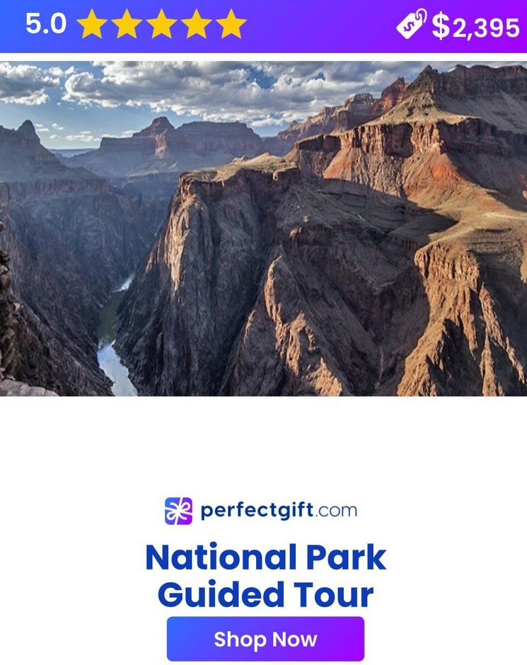 Stunning canyon view under blue sky, rated 5 stars. Perfectgift.com offers a $2,395 National Park Guided Tour. Shop now.