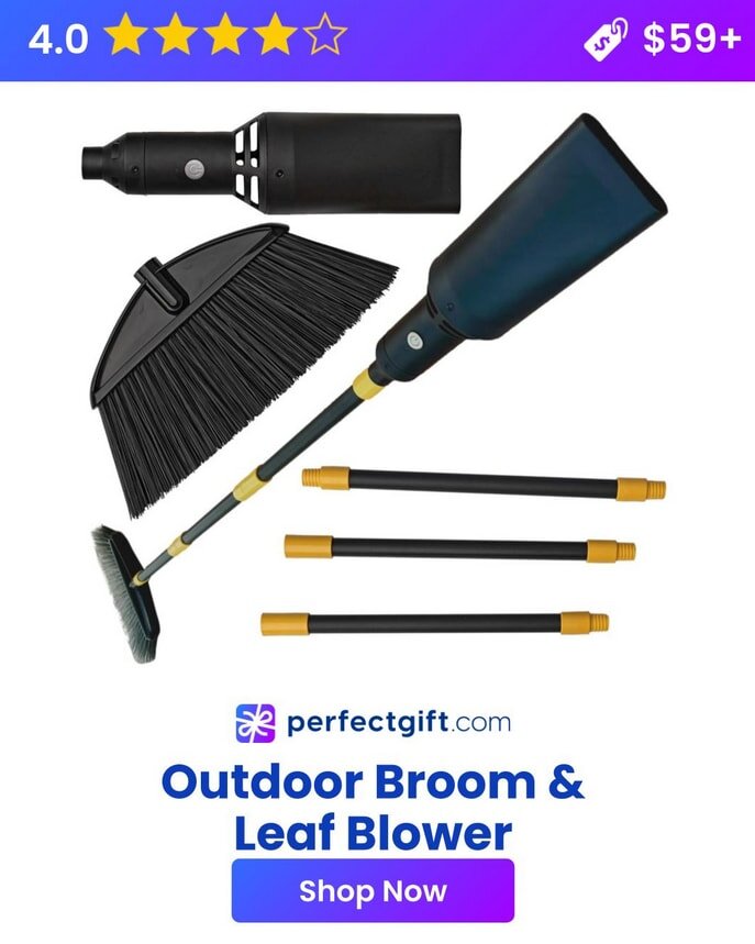 Collage of modular outdoor broom and leaf blower components on a white background. Includes broom head, blower, and detachable handles. 