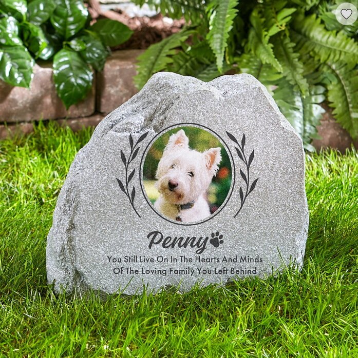 A memorial stone set in grass with leafy plants in the background. It features an image of a white dog named Penny and a heartfelt inscription below.