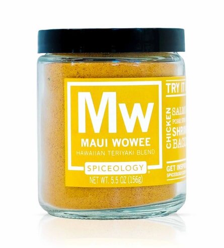 Spiceology's Maui Wowee Hawaiian Teriyaki Blend in a 5.5 oz jar, featuring a vibrant yellow label with seasoning suggestions.