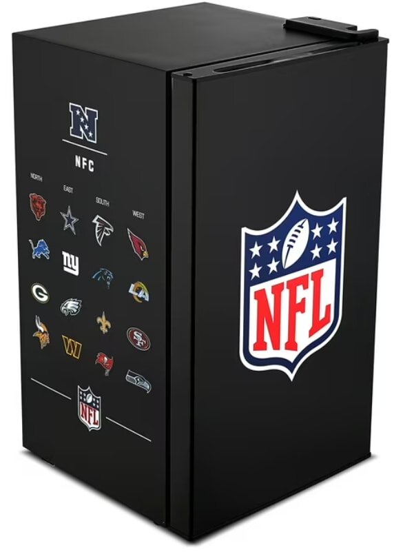 Black mini-fridge featuring the NFL logo prominently. The side displays NFC team logos organized by division, conveying a sporty and fan-focused theme.