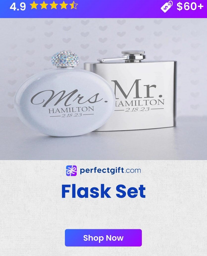 Flask set with "Mr. and Mrs. Hamilton" engraving, rated 4.9 stars, priced $60+, available at perfectgift.com. Shop now.
