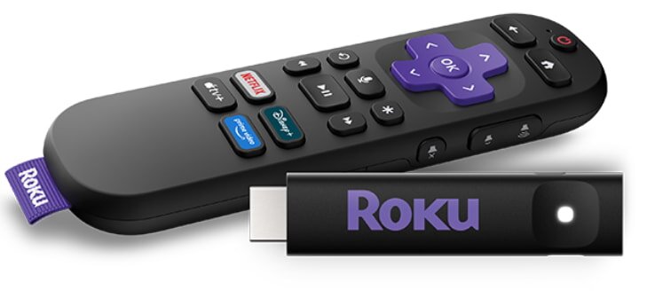 A Roku TV remote with purple navigation buttons and app shortcuts for Netflix, Disney+, and Hulu, alongside a Roku streaming stick with a visible logo.