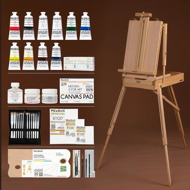 A wooden easel displays a set of paints and brushes, ready for an artistic creation.