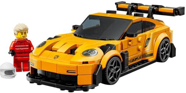 LEGO city scene featuring a Porsche 911 GT3 RS model, highlighting its sporty design and bright color scheme.