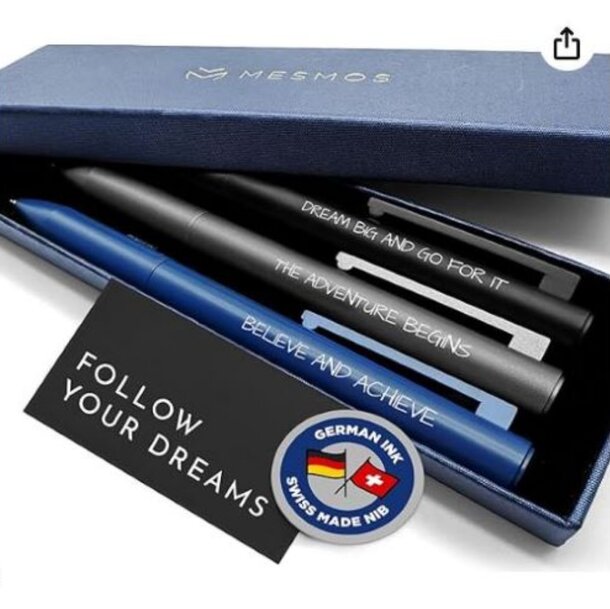 A blue box containing a black pen and a blue pen, with a single pen resting inside the box.