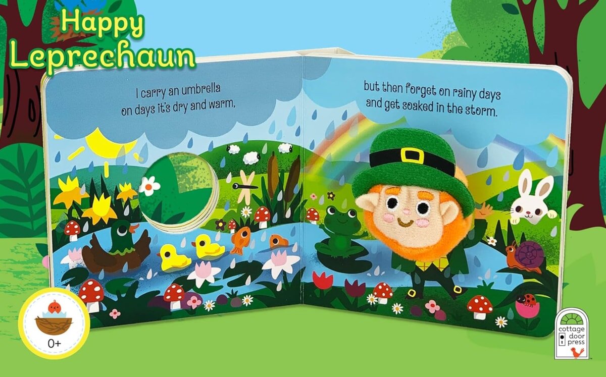 A book cover featuring a colorful illustration of a leprechaun sitting beside a frog in a whimsical setting.