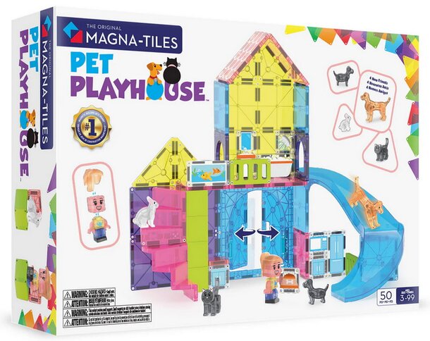 Colorful Magna-Tiles arranged to form a pet playhouse, featuring various shapes and a playful design for pets to explore.