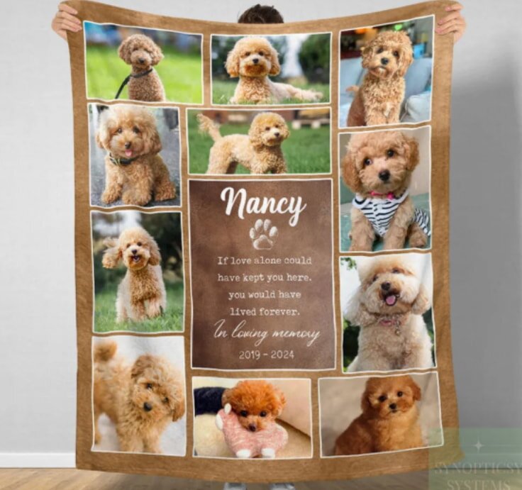 A person holds a collage blanket featuring nine photos of a fluffy brown dog in various poses. Center panel reads, "Nancy, In loving memory, 2019-2024." The tone is warm and commemorative.