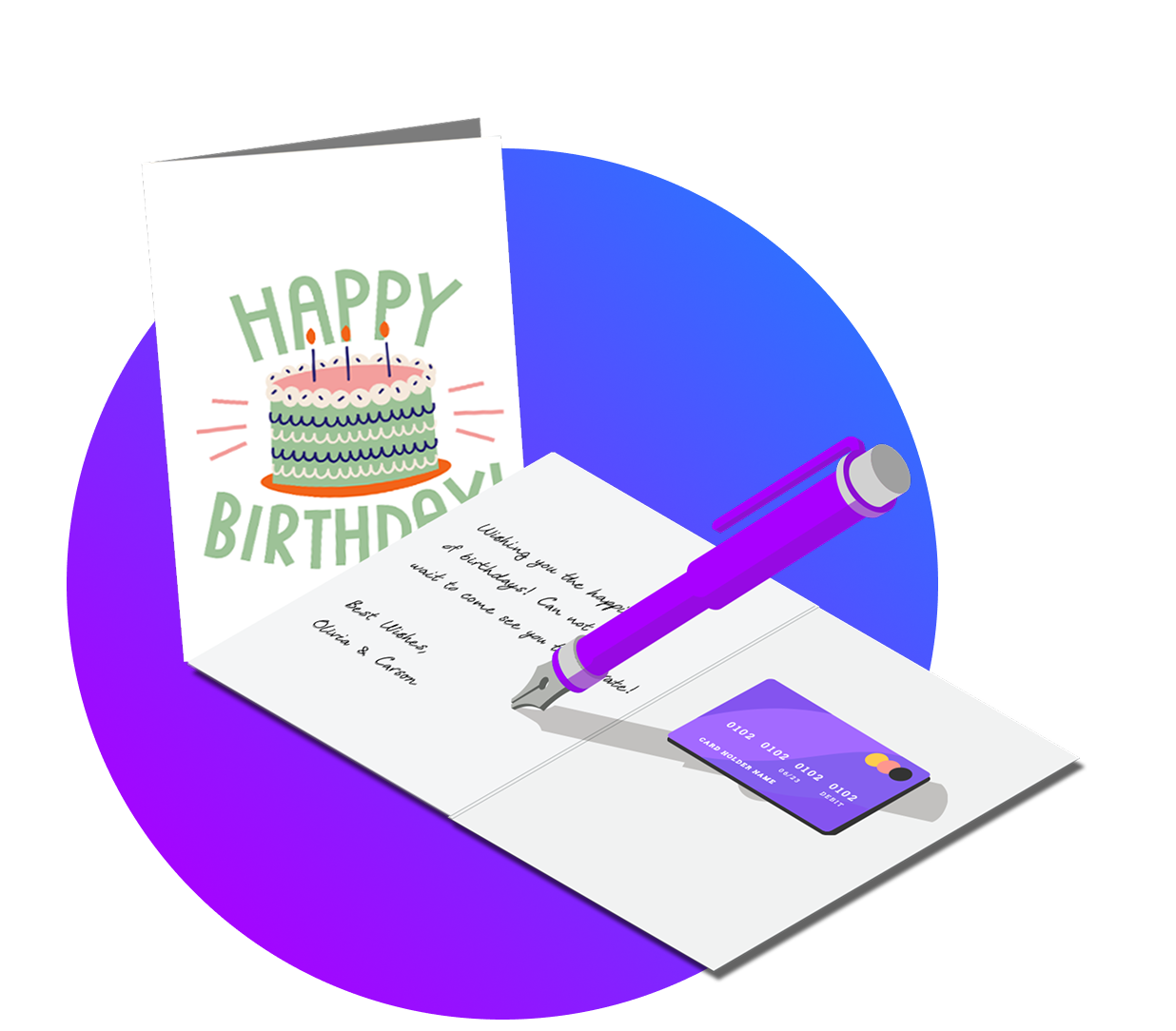 Two customized greeting cards. One opened with text and a gift card inside. 