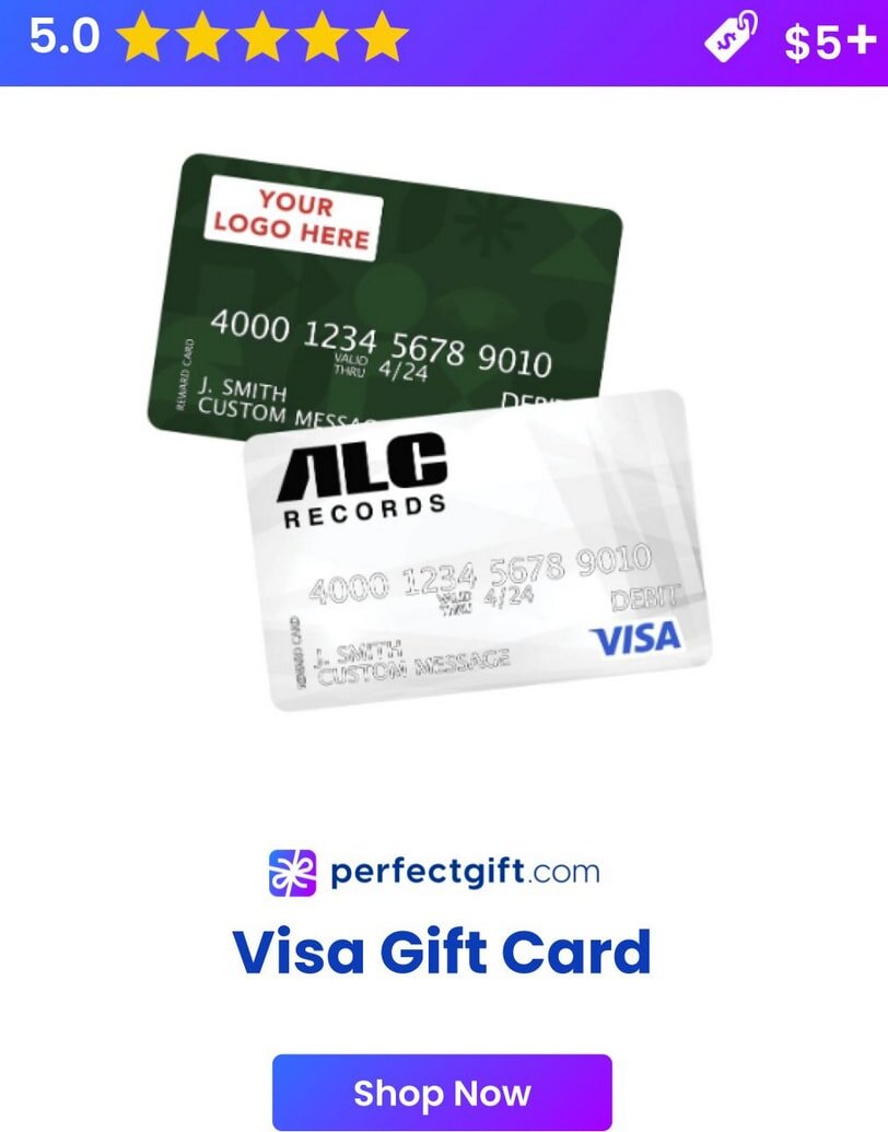 Visa gift card displayed as the perfect gift option, featuring a sleek design and vibrant colors.