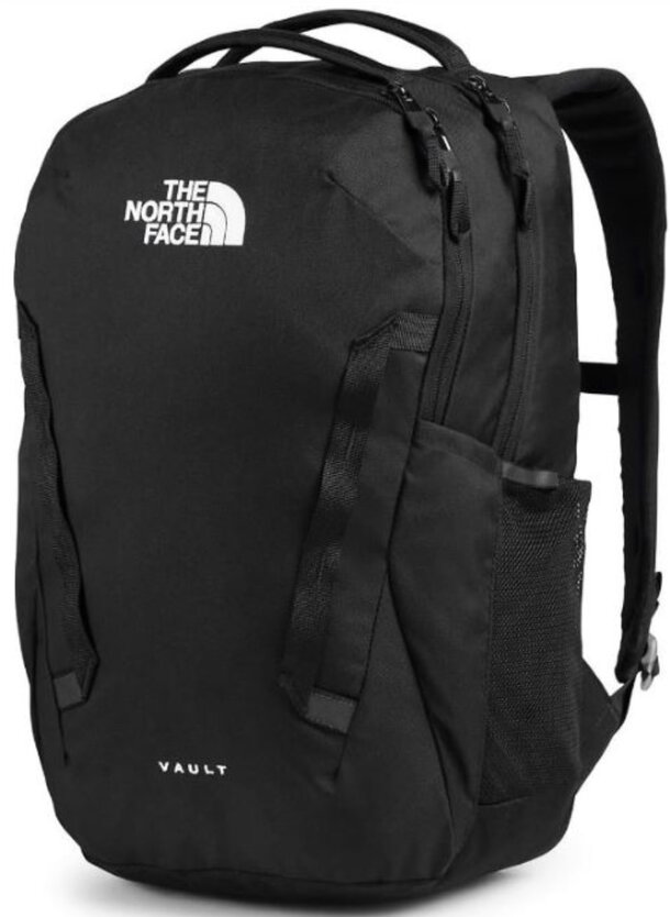 North Face Vault backpack in black, featuring multiple compartments and padded straps for comfort and support.