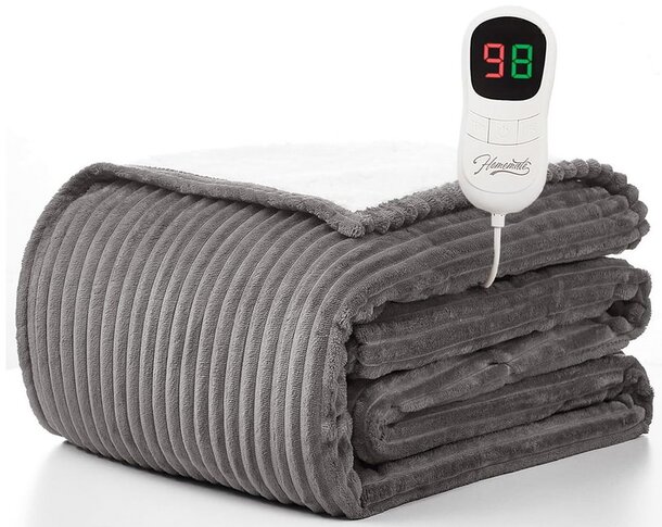A soft blanket with an electronic thermometer placed on top, indicating temperature measurement.