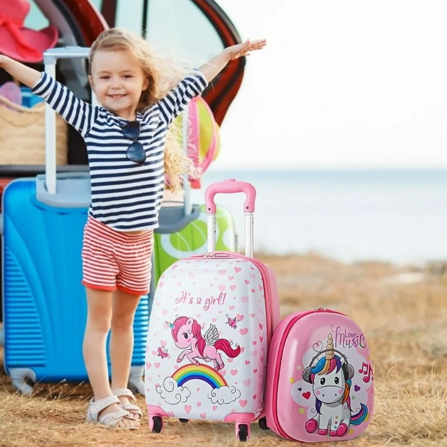 Young girl with luggage and suitcases by car at beach