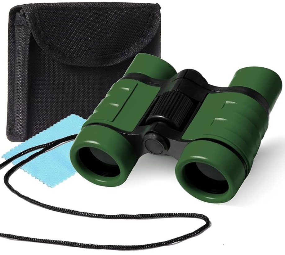 Green binoculars with black case and cleaning cloth