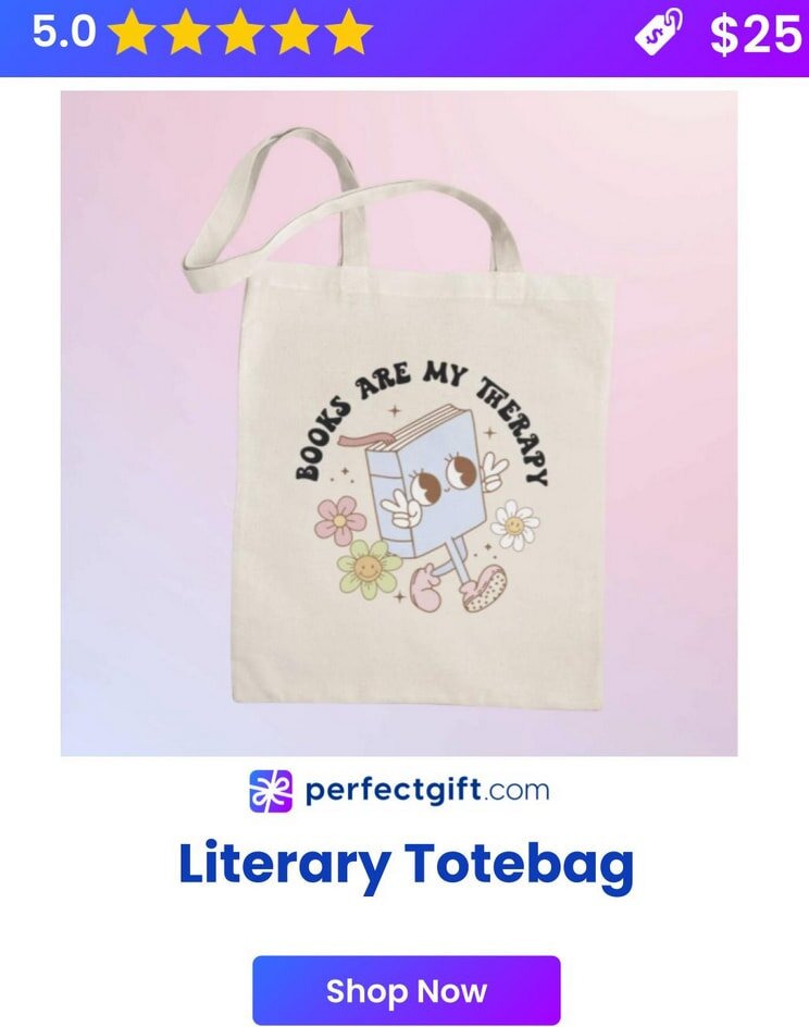 A tote bag featuring the phrase "Read Are Me Literary Totag" in bold, playful typography.