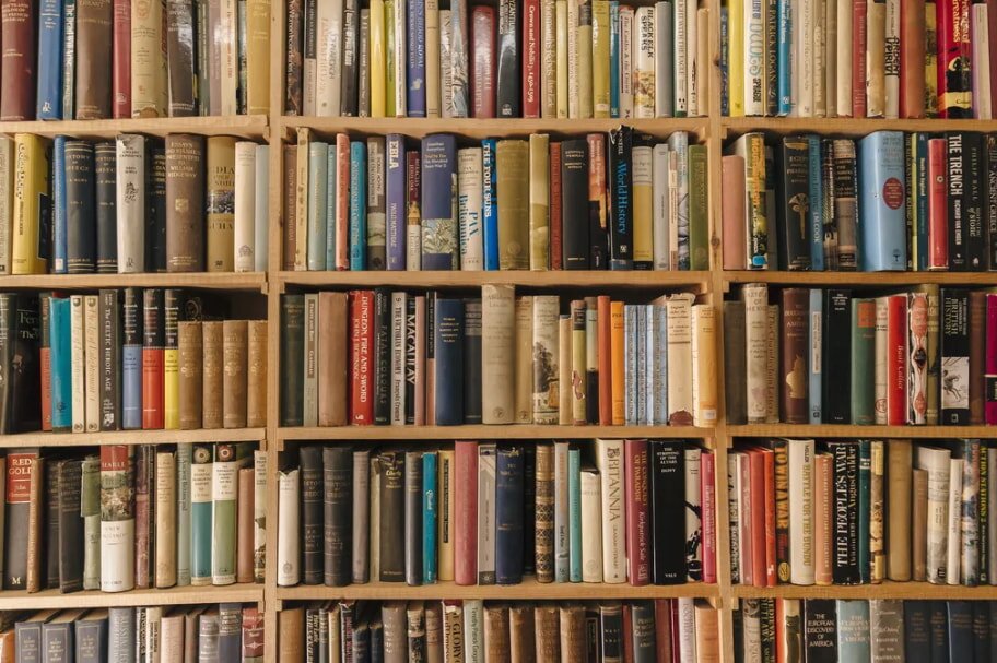 A large wooden bookshelf filled with a diverse collection of books. The colorful spines create a vibrant mosaic, suggesting knowledge and curiosity.