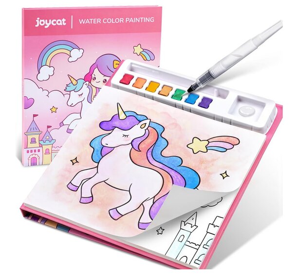 Joyet watercolor painting set adorned with a colorful unicorn illustration, perfect for creative projects.