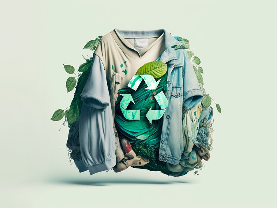 A collection of eco-friendly clothes with lush green leaves emerging from them, featuring a central recycling symbol, conveys sustainability and renewal.