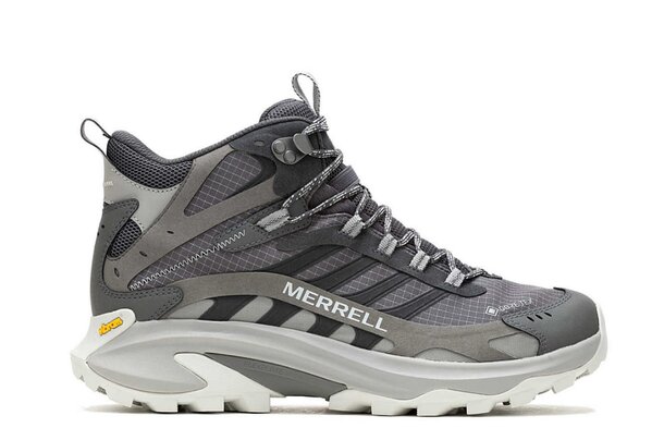 Merrell's new hiking boot in grey and black, showcasing a durable design for outdoor adventures.