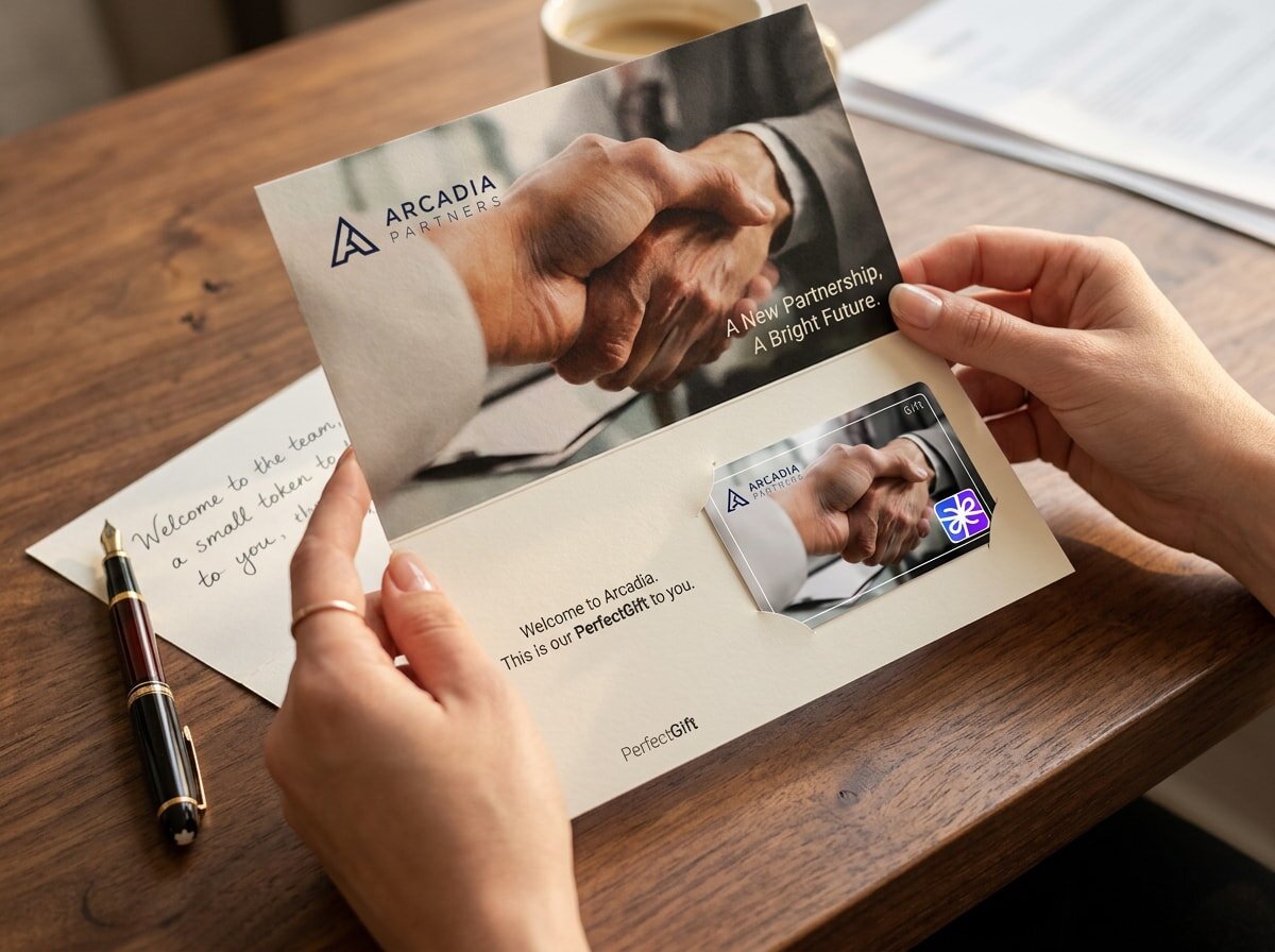 A person reading a handwritten note inside a PerfectGift greeting card, with a PerfectGift gift card tucked inside
