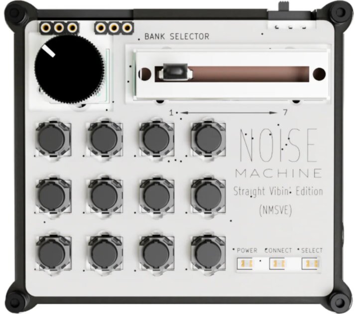 A compact noise machine titled "Straight Vibin' Edition" features a grid of twelve buttons, a large knob, a slider for bank selection, and labeled controls.