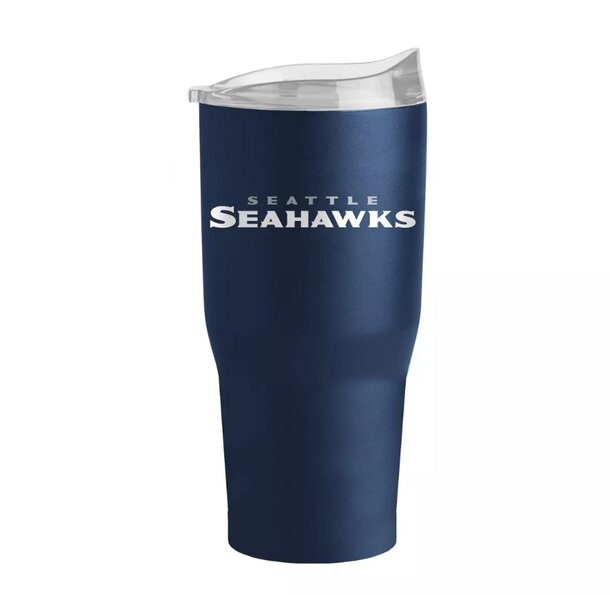 Seattle Seahawks tumbler featuring team colors and logo, ideal for fans to enjoy beverages on the go.