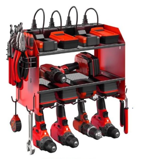 A red tool rack filled with various tools, including wrenches, screwdrivers, and pliers, organized for easy access.